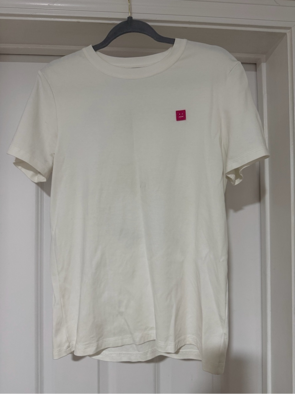 Acne white Short-Sleeve TShirt with Pink Face Patch on the front and back patchs